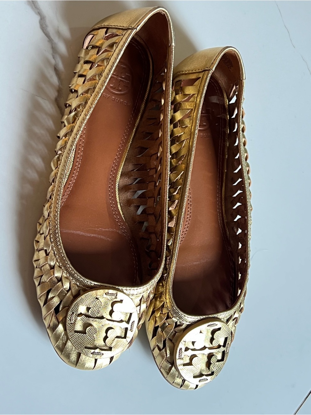Tory Burch Metallic Gold Woven Leather Logo Ballet Flats